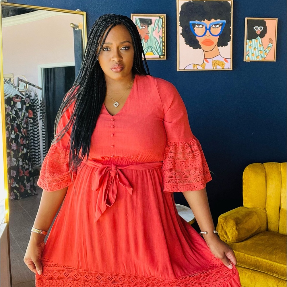 Elegant Rust Orange Lace Sleeve Dress